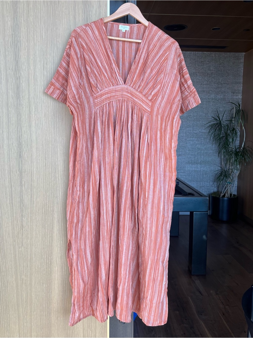 World Market OS 100% Cotton Pink Striped Crinkle Gauze Maxi Tunic Dress